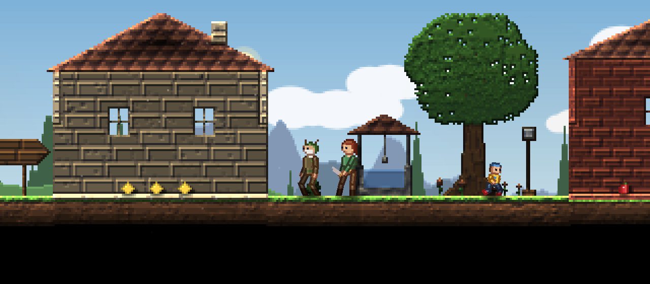 A play test of the village level, with the hero walking past a stone house under a sunny sky.