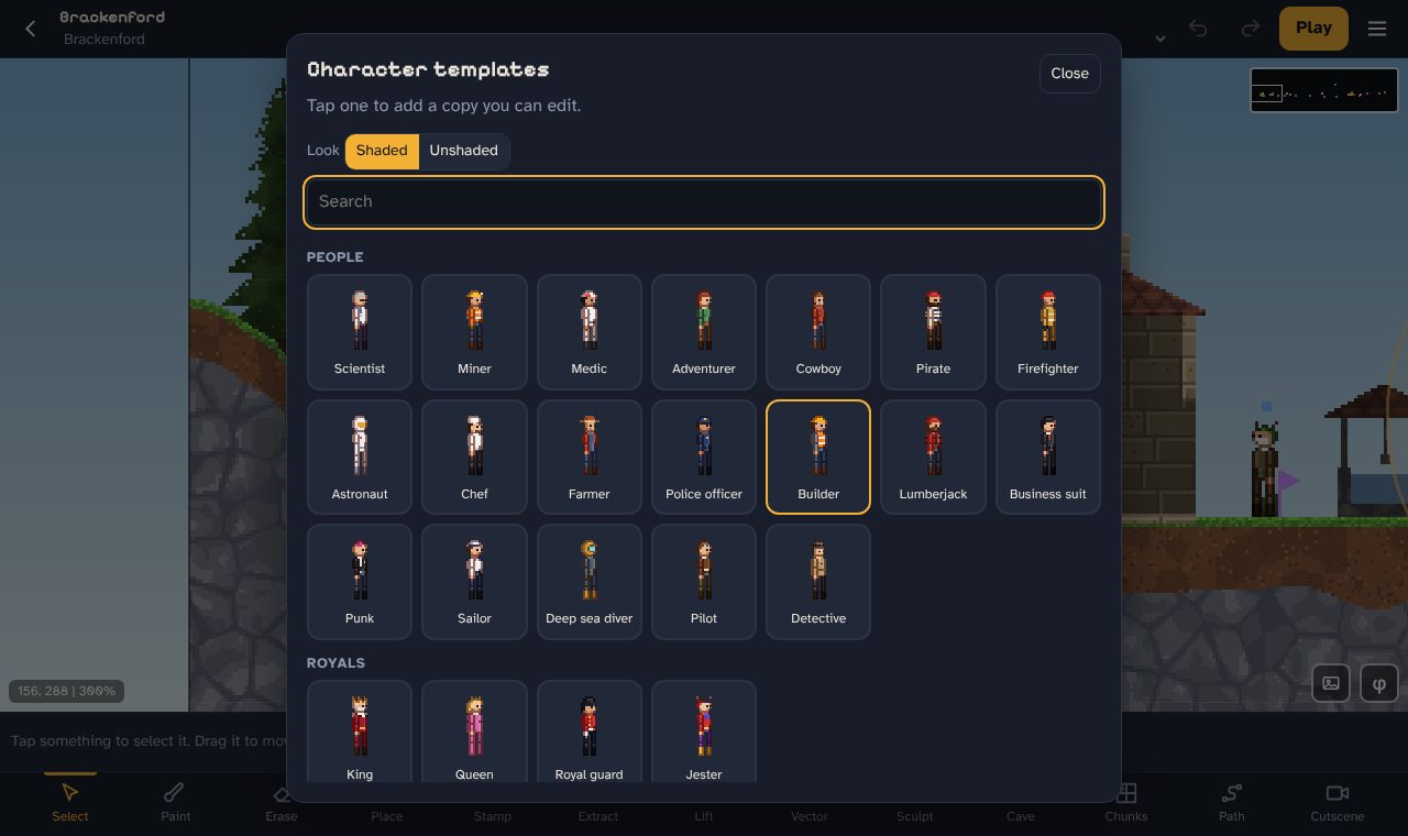 The character templates picker showing a grid of ready made people such as a scientist, miner, pirate, chef and astronaut, then a row of royals.