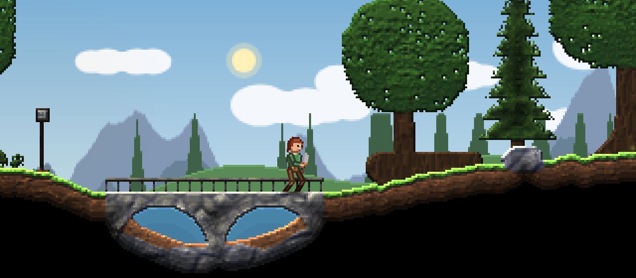 A play test of the forest road, with the hero crossing a stone bridge over a pool of water.