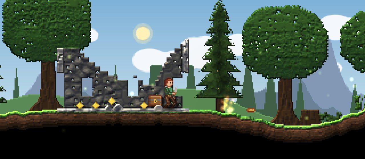 The hero beside a ruined stone wall in the Thornwood, with gold coins and a strongbox.