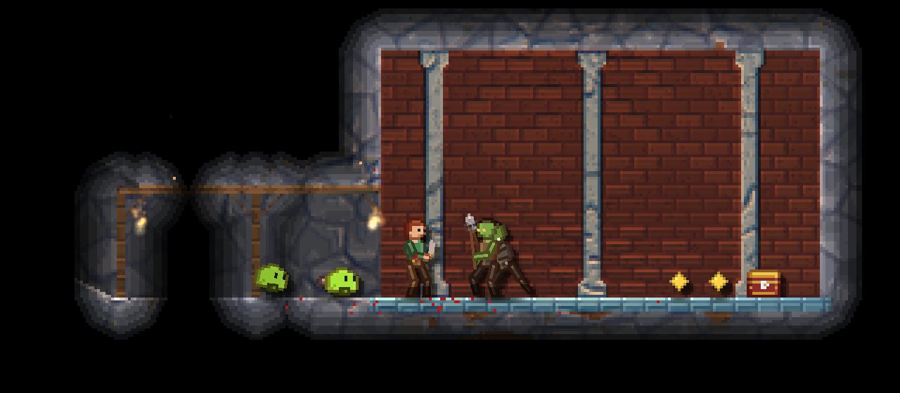 The hero facing the goblin chief and two slimes in a brick vault deep in the mine.