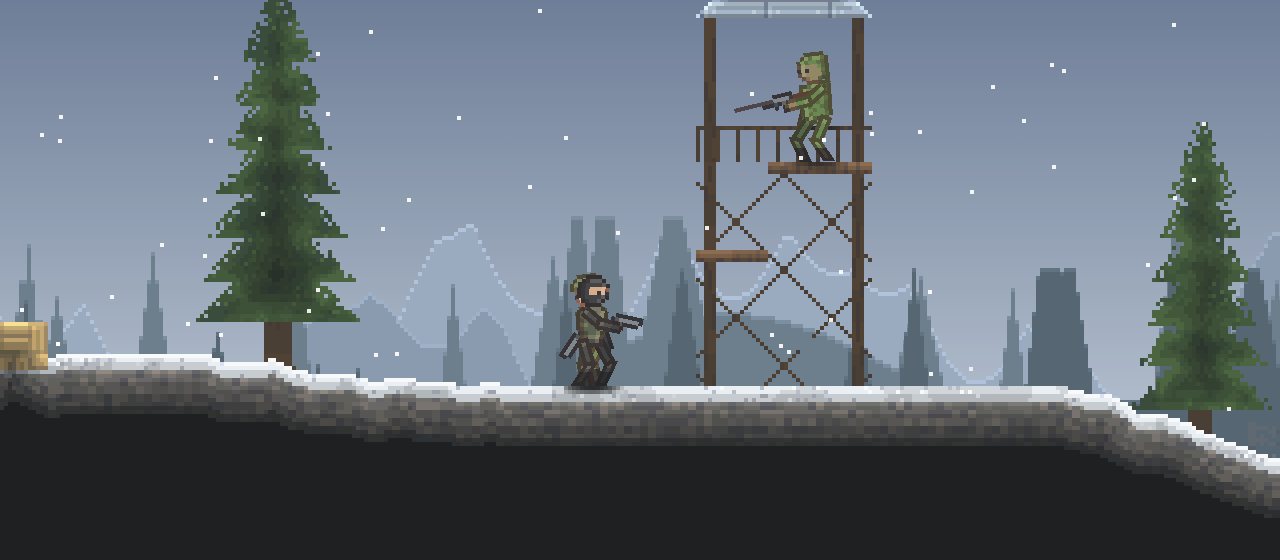 The shooter template: a soldier on a snowy ridge with pine trees.