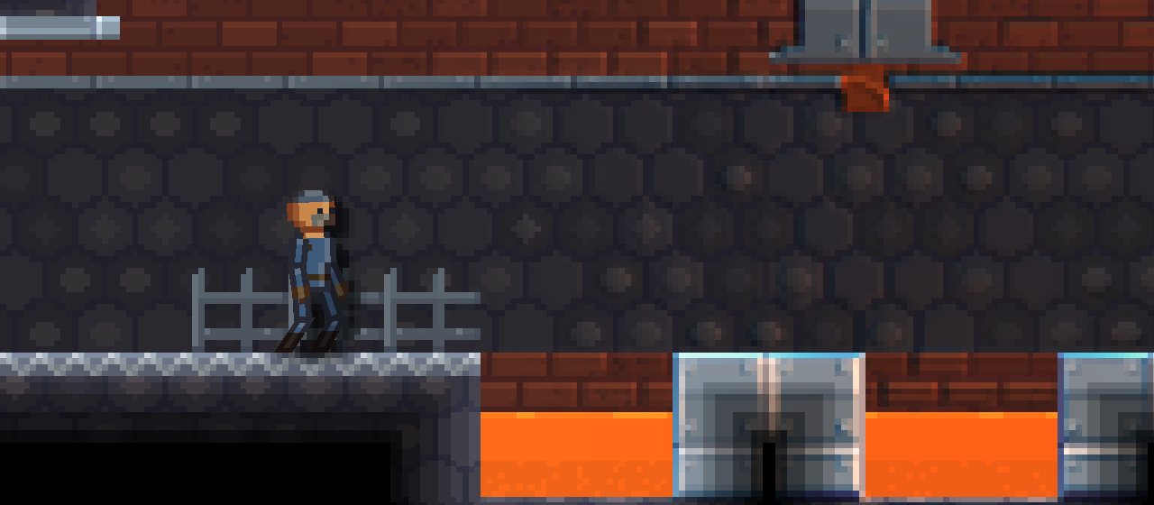 A factory corridor with a glowing channel of molten slag running under the floor.
