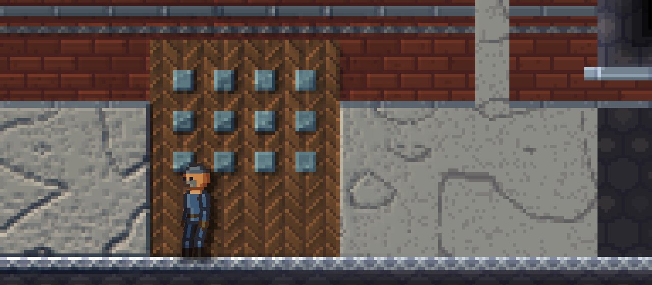 A worker by a heavy riveted door in the marble office.